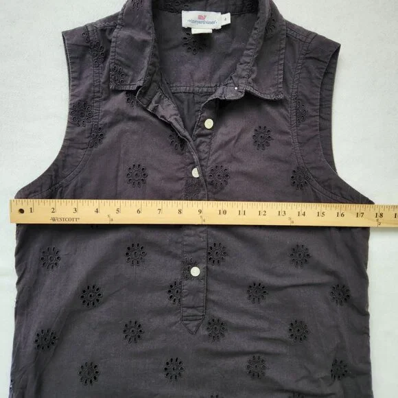 Vineyard Vines Black Sleeveless Eyelet Cotton Shirt Dress Feminine Preppy Cute - Picture 9 of 11